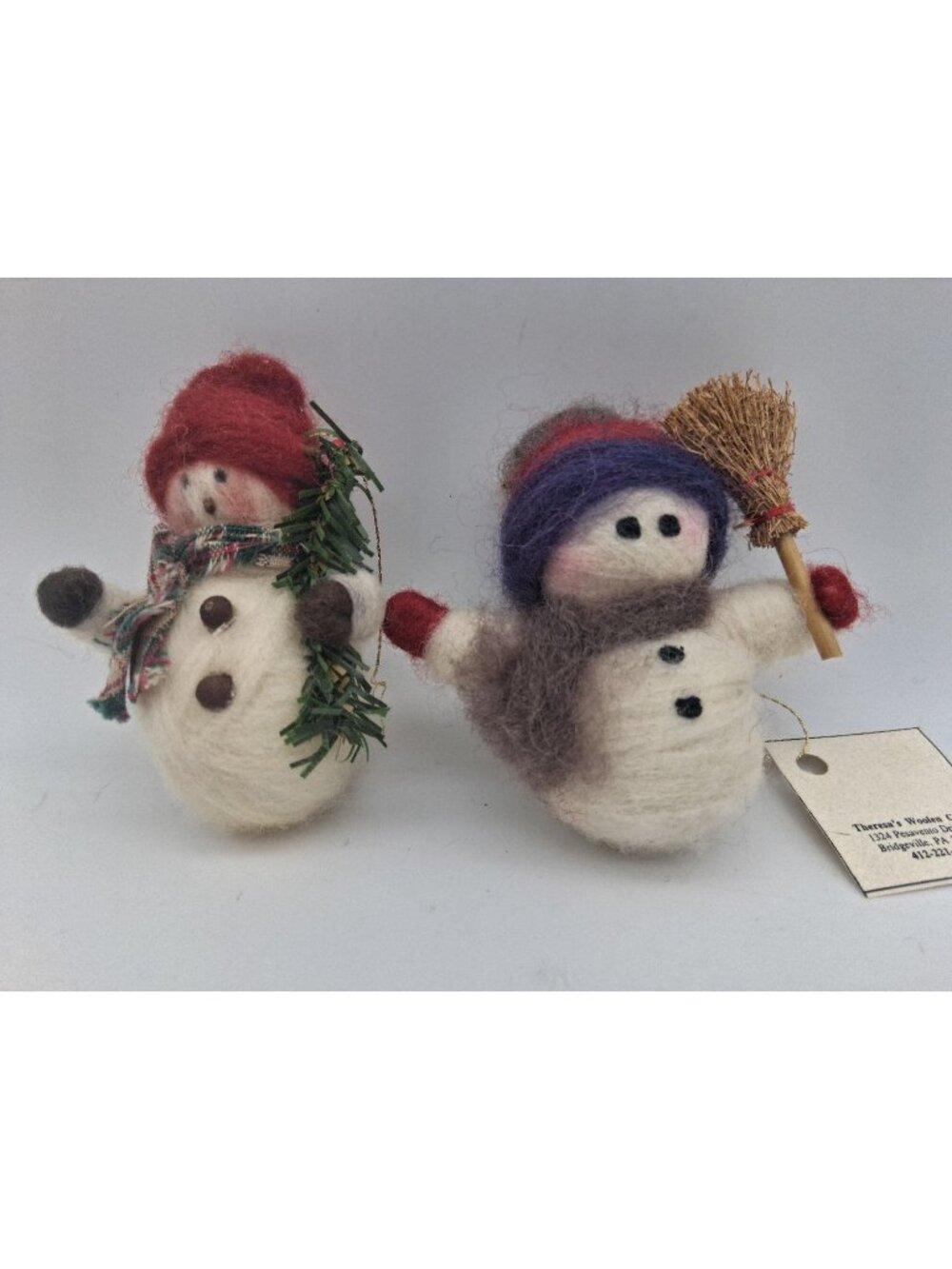 2 Primitive Folk Art Handmade Felted Wool Christmas Snowman Ornaments